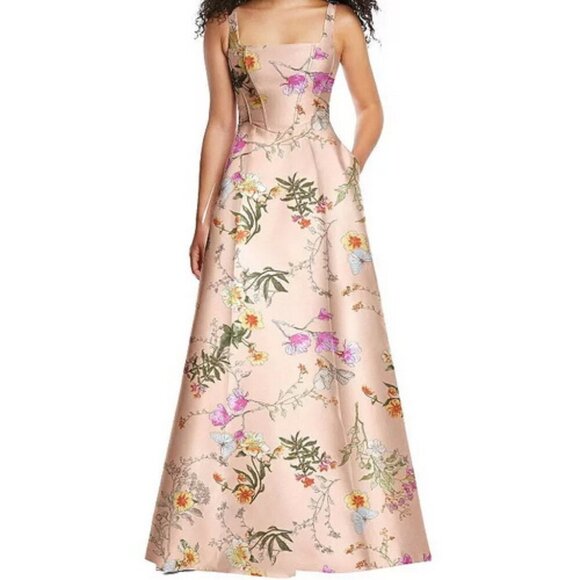 Alfred Sung Butterfly Botanica Pink Sand Floral Corset Satin Gown D844FP - Picture 1 of 4